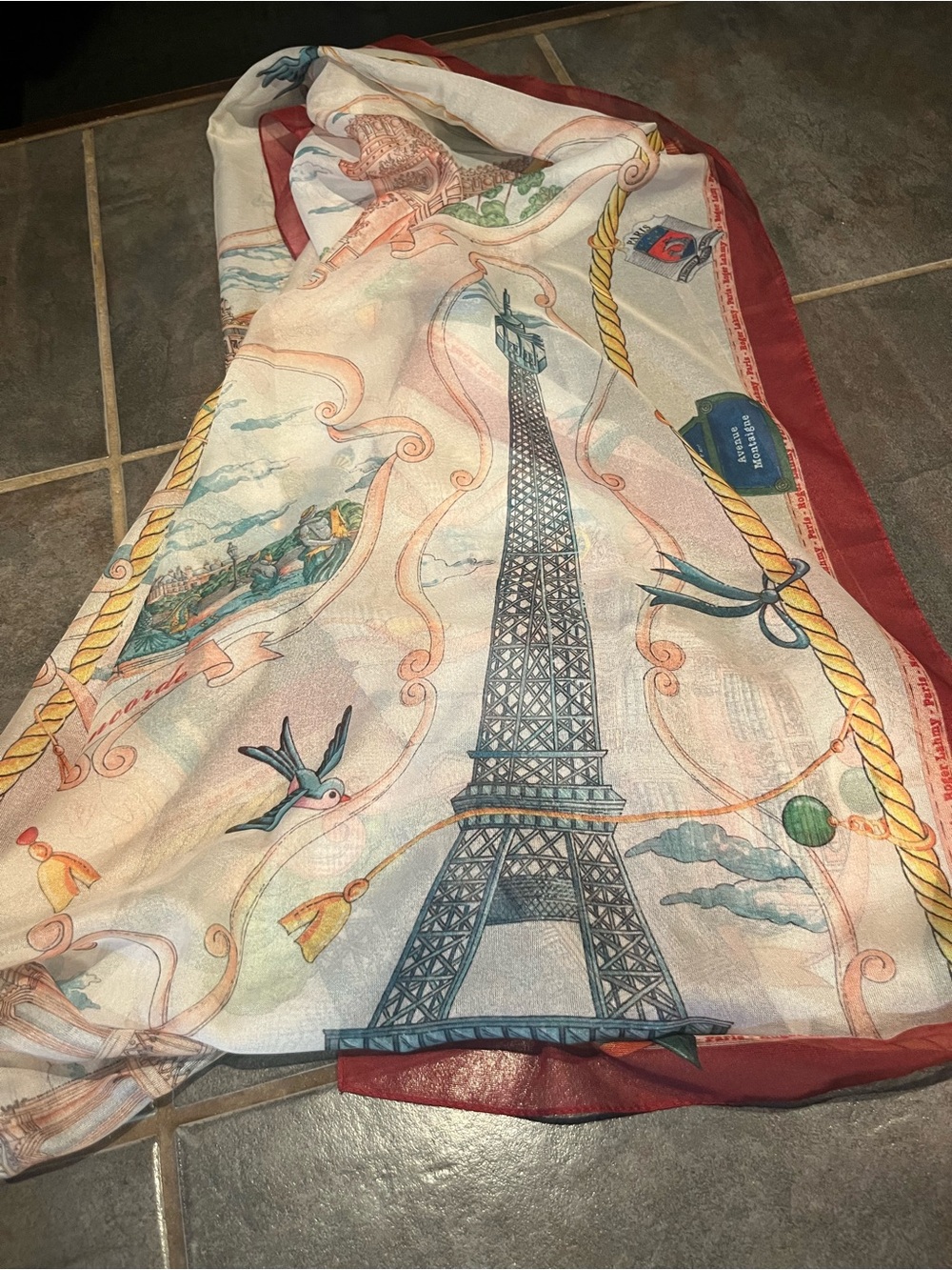 Paris Eiffel Tower Lightweight Scarf - Cream & Burgundy